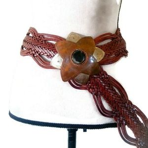 Vintage Leather Braided Belt Big Brass Buckle